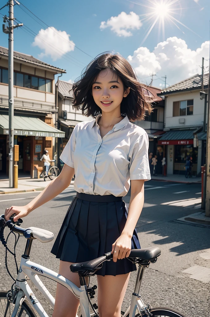 Best image quality、Ultra-high resolution、Tabletop、Photo quality(Realistic:1.8)、pores、Accuracy、Japanese women、、Black-haired、cuteえくぼ、Young Face、cute、Short Bob、Slender、Small breasts、 Flat Chest、To the camera、Turn your body forward、Gravure Beautiful Girl、whole body、student、Bicycle commute、White short sleeve blouse、Blue ribbon tie、Navy blue pleated skirt、blue sky、White cloud、Light of the sun、Reflective plate、ride a bicycle、road bike、bicycle girl、cycling、bicycle ride、protrude、Laughing with your mouth open、White teeth、Happily、Look straight ahead、