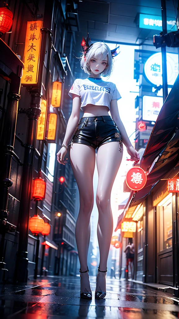 masterpiece,Highest quality,High resolution, 1 plump girl,From below,(The legs are very thin and straight),,(legs are very long,straight legs),,High heels,Long legs,stand up, Leg length when viewed from the front, Perfect body,have perfect legs,(Lure),Full body woman love,Cyberpunk characters,Dynamic pose,1 plump girl,Beautiful Eyes,Brown eyes,eye shadow,compensate,Long white hair, Detailed face, Delicate eyes, Looking at the audience, red面する red面する\(compensate\), Fuller lips, red lips,(Long white hair:1.3), (stand up)Mechanical static electricity,Machine Summoning,(hair accessory:1.1),((((red ,Short shorts)))),(black),city,luminous winding,,Cyberpunk Ramp:1.1),Neon Light,Fully mechanical and futuristic elements,technology,背景是一條中國傳統的street,Chinatown, street, empty, Cyberpunk characters, Lantern, Neon Super Resolution,(realism:1.3),1(slim:1.2),Dramatic lighting,Vivid details,Luxury Cyberpunk,Complex background,Courtesy of Octane,