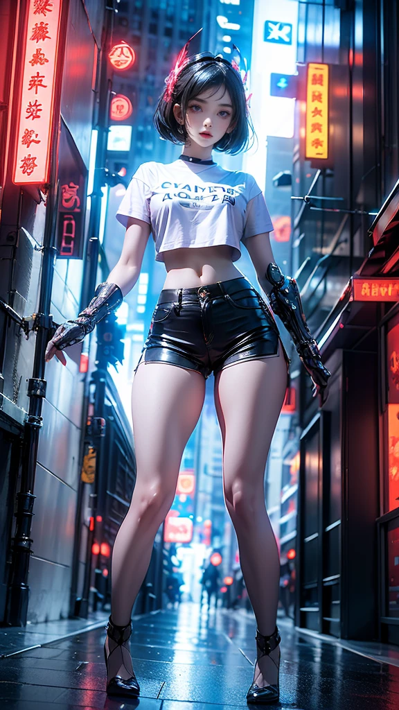 masterpiece,best quality,high resolution, 1 Girl,From below,(The legs are very thin and straight),,(Very long legs,Straight Legs),,High heel,Long Law,stand up, From the front,Very long legs, Perfect body,Have perfect legs,(Exterior),Full Body Love,Cyberpunk characters,Dynamic poses,1 Girl,Exquisite eyes,Brown eyes,Eyeshadow,make up,White hair, Delicate face, Delicate eyes, Looking at the audience, Blush\(make up\), Full lips, Red lips,(White hair:1.3), (stand up)Mechanical static,Mechanical Summoning,(Hair accessories:1.1),Headgear,((((Blue Cropped T-Shirt,Short shorts)))),(black),City,Luminous winding,He held a long sword,arms,Cyberpunk Lights:1.1),Neon lights,Full of mechanical and futuristic elements,technology,背景是中国传统street,Chinatown, street, sky sky, Cyberpunk characters, paper lantern, Neon Super Resolution,(realism:1.3),1(Slim:1.2),Dramatic Lighting,Vivid details,Luxury Cyberpunk,Complex background,Octane Rendering,