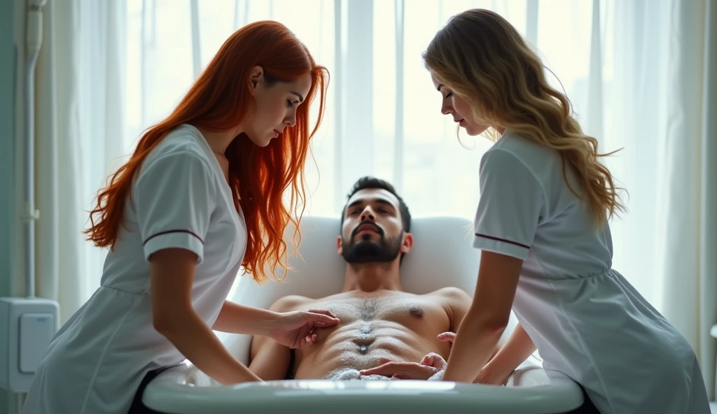 ultra realistic, photography, three girls: one with long straight red hair, (24 years old, hourglass figure, perfect body, natural medium breasts), the second one: long black straight hair, (30 years old, tanned skin, hourglass figure, perfect fit body, natural big breasts), the third one with long straight blonde hair, (wavy elegant hair, blue eyes, perfect round lips, 22 years old, gorgeous face, voluptuous figure, perfect fit body, big enhanced breasts), they are wearing sexy nurse outfits with great cleavage, perfect round cleavage,, they have perfect round cleavage, great cleavage, they are sexy nurses in a hospital, they are bathing a handsome man, he is 30 years old with brown short hair, he is naked in the bathtub, they clean his lower torso with a soapy sponge, he has his eyes closed and lips slightly parted