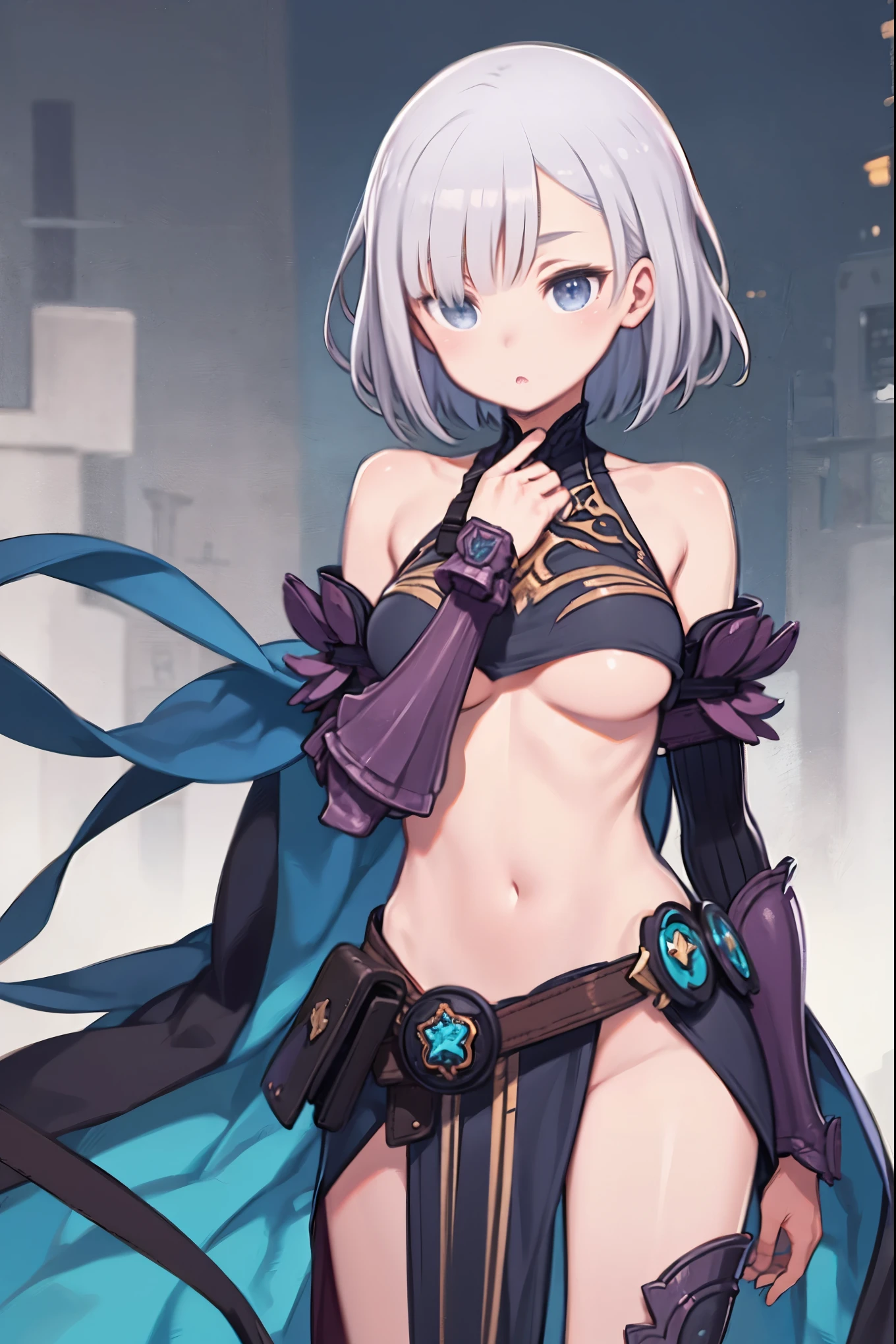 Adult girl, short white hair, purple eyes, smirk, magic tattoo, black shorts, black leather gloves, turquoise magic robe, open belly, open breasts, sleeves, small breasts, majic staff, Masterpiece, best quality, Full HD, 8k, ultra details, great graphic