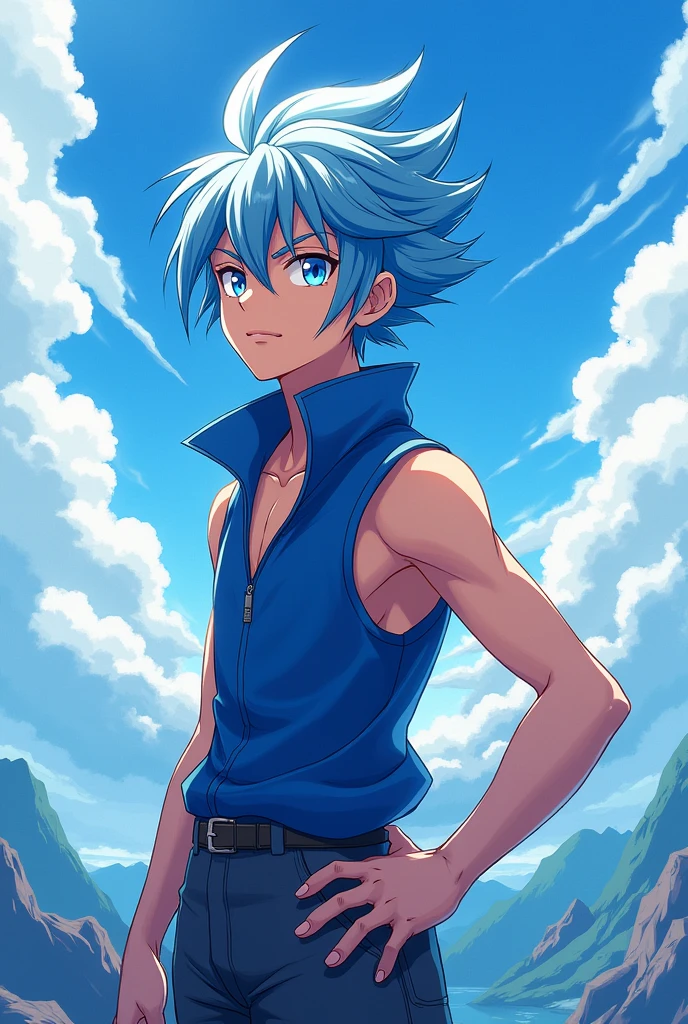 Male, active, blue and white hair, blue vest, blue left eye, red right eye, blue and white theme, 2d, anime