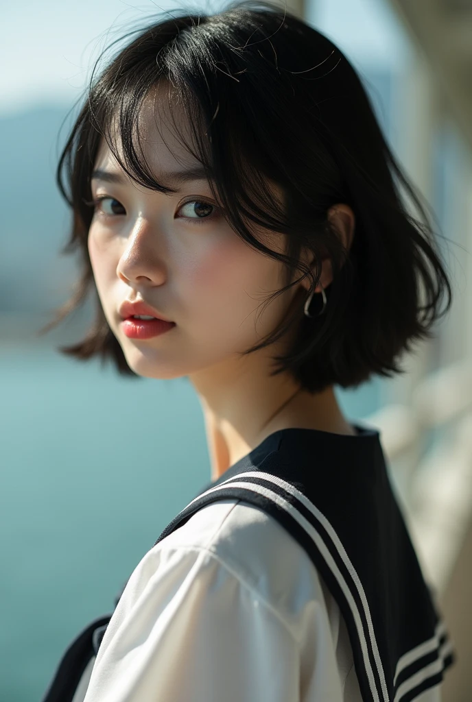Realistic glowing skin, (sweating:1.4),Stand backwards,Look back at your face,Always look at the camera, (When the uniform gets wet with sweat, it becomes transparent..:1.4),(sweating:1.2),(Nipples:1.8),
Classic black and white sailor uniform,Summer clothes,Cold look,Cold Stare,Black Hair,short hair,Tie your hair short,Silky translucent white skin,best Realistic depiction,(Very detailed美しい顔), Great face and eyes, (Highest quality:1.4), (Very detailedな), (Very detailed CG 統合 8k 壁紙), Very detailed, High resolution raw color photos, Professional photography, Realistic portrait,
(Detailed RAW photos of the girl's whole body), Canon EOS R5 250mm, Sharp focus, Cinema Lighting, (No makeup:1.2), Fine skin, Delicate collarbone,Fine texture of the sailor uniform,Very Realistic sailor uniform texture,(Ultra-high resolution:1.6), (Realistic:1.6),