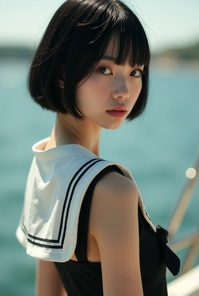 Realistic glowing skin, (sweating:1.4),Stand backwards,Look back at your face,Always look at the camera, (When the uniform gets wet with sweat, it becomes transparent..:1.4),(sweating:1.2),(Nipples:1.8),
Classic black and white sailor uniform,Summer clothes,Cold look,Cold Stare,Black Hair,short hair,Tie your hair short,Silky translucent white skin,best Realistic depiction,(Very detailed美しい顔), Great face and eyes, (Highest quality:1.4), (Very detailedな), (Very detailed CG 統合 8k 壁紙), Very detailed, High resolution raw color photos, Professional photography, Realistic portrait,
(Detailed RAW photos of the girl's whole body), Canon EOS R5 250mm, Sharp focus, Cinema Lighting, (No makeup:1.2), Fine skin, Delicate collarbone,Fine texture of the sailor uniform,Very Realistic sailor uniform texture,(Ultra-high resolution:1.6), (Realistic:1.6),