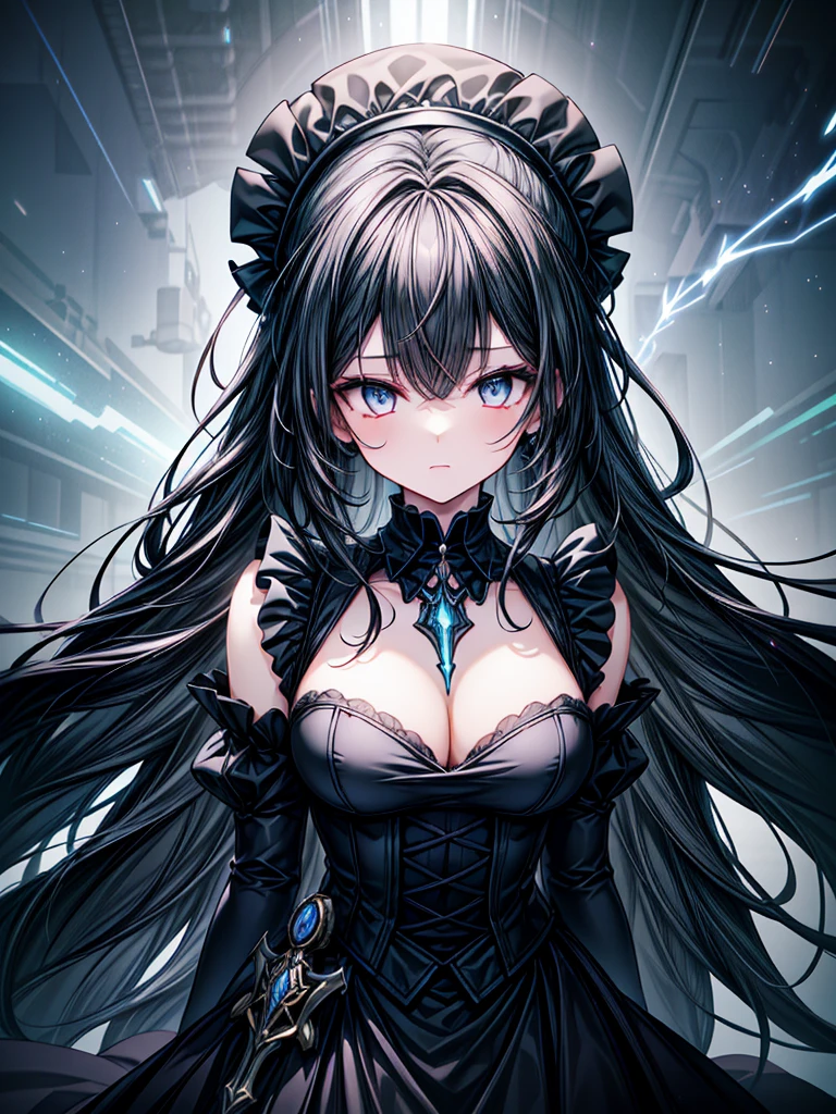 A powerful yet cute young girl with long, jet-black hair partially covering one of her eyes, adding a mysterious allure. Her visible eye is bright blue with intricate details that sparkle, conveying both strength and innocence. She wears a black maid outfit with Gothic motifs and modern armored elements, featuring frills and elaborate details. Confidently holding an ornate sword surrounded by a glowing magical aura, her skin softly contrasts with her dark outfit. Her expression blends strength and charm, with ethereal effects like glowing particles and lightning arcs surrounding her. The background is a stormy sky with a soft glow highlighting her presence.
