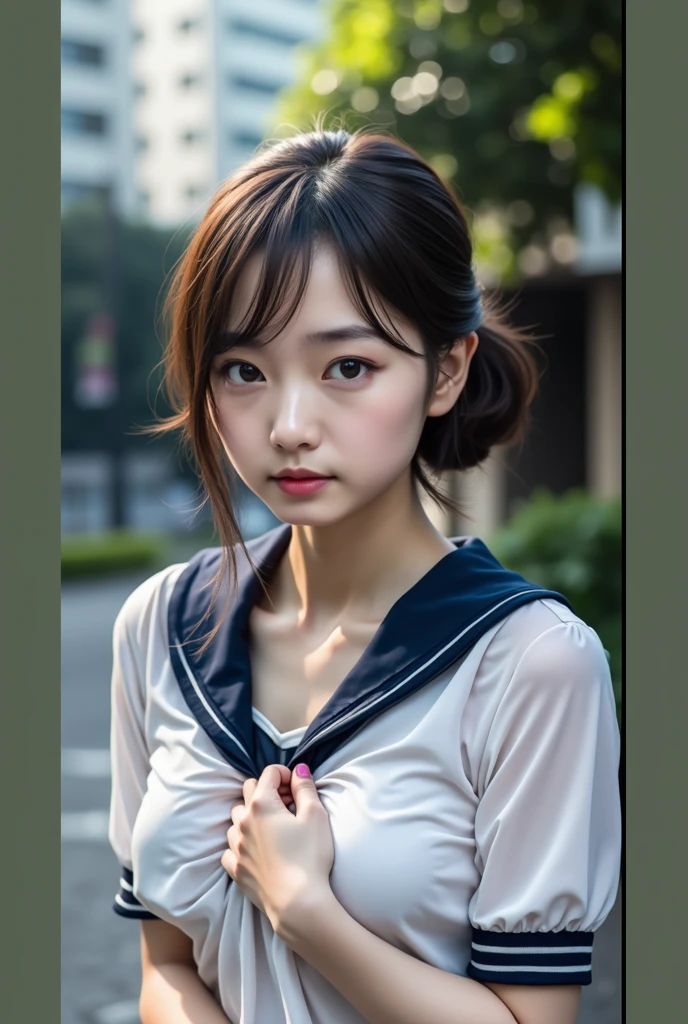 Realistic glowing skin, (sweating:1.4),Stand backwards,Look back at your face,Always look at the camera, (When the uniform gets wet with sweat, it becomes transparent..:1.4),(sweating:1.2),(Nipples:1.8),
Classic black and white sailor uniform,Summer clothes,Cold look,Cold Stare,Black Hair,short hair,Tie your hair short,Silky translucent white skin,best Realistic depiction,(Very detailed美しい顔), Great face and eyes, (Highest quality:1.4), (Very detailedな), (Very detailed CG 統合 8k 壁紙), Very detailed, High resolution raw color photos, Professional photography, Realistic portrait,
(Detailed RAW photos of the girl's whole body), Canon EOS R5 250mm, Sharp focus, Cinema Lighting, (No makeup:1.2), Fine skin, Delicate collarbone,Fine texture of the sailor uniform,Very Realistic sailor uniform texture,(Ultra-high resolution:1.6), (Realistic:1.6),
