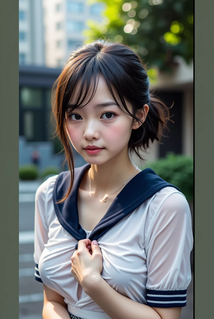 Realistic glowing skin, (sweating:1.4),Stand backwards,Look back at your face,Always look at the camera, (When the uniform gets wet with sweat, it becomes transparent..:1.4),(sweating:1.2),(Nipples:1.8),
Classic black and white sailor uniform,Summer clothes,Cold look,Cold Stare,Black Hair,short hair,Tie your hair short,Silky translucent white skin,best Realistic depiction,(Very detailed美しい顔), Great face and eyes, (Highest quality:1.4), (Very detailedな), (Very detailed CG 統合 8k 壁紙), Very detailed, High resolution raw color photos, Professional photography, Realistic portrait,
 (Detailed RAW photos of the girl&#39;s whole body), Canon EOS R5 250mm, Sharp focus, Cinema Lighting,  (No makeup:1.2), Fine skin, Delicate collarbone,Fine texture of the sailor uniform,Very Realistic sailor uniform texture,(Ultra-high resolution:1.6), (Realistic:1.6), 