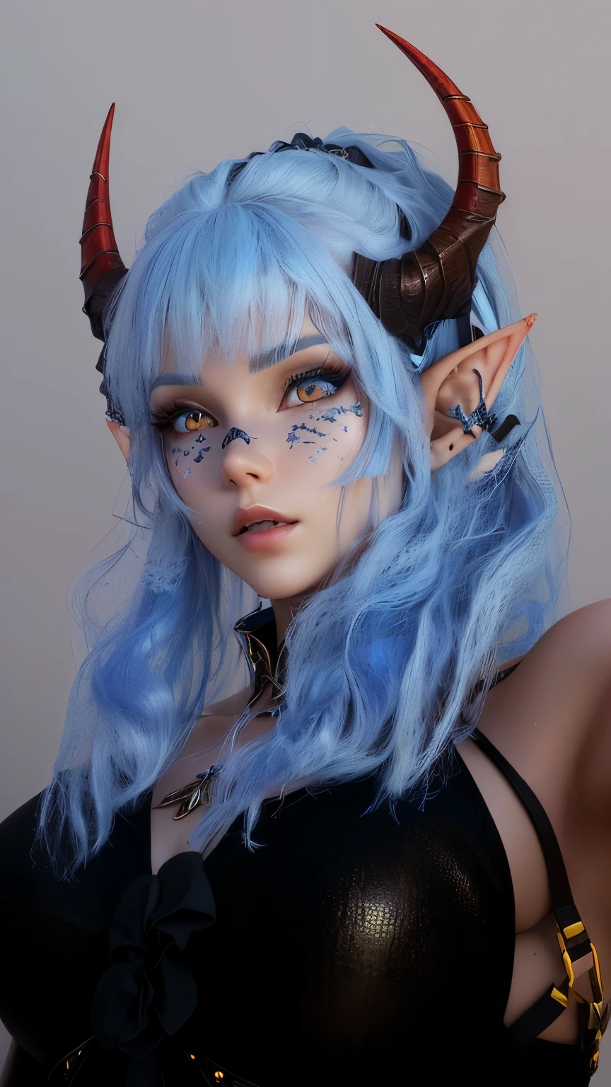 There is a 3D image of a woman with blue hair and horns, Elf Girl, Blue skinned elf, Elf portrait, (((gone crazy))) Elf Princess, Blue Elf, Evil Elf, a Elf portrait, Portrait of a succubus in a summer dress, Blue skinned elf, Has a very detailed face, Anime-style 3D, Ultra-detailed fantasy characters