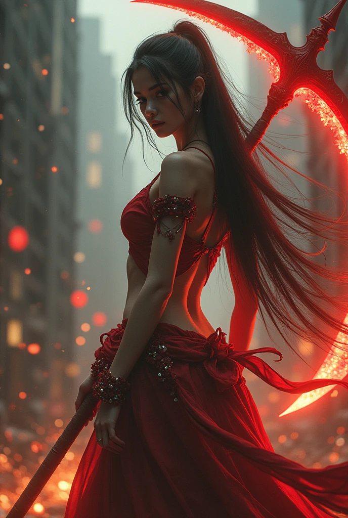 Words "infinite" Write in large letters at the bottom of the screen., A girl wielding huge scythe, The sickle was bigger than her body., ((Masterpiece, Highest quality, Highest picture quality, high resolution, realistic, raw photos, 8ก)), ((A collection of 8K CG wallpapers that are very detailed.)), (Shoot a huge amazing goddess., Very hot and sexy, jaw-dropping beauty, perfect proportions, beautiful body, Hiding the tiger stripes on the body, slim body beauty:1.4), A girl wielding huge scythe, Movie Poster, (huge scythe:1.5),