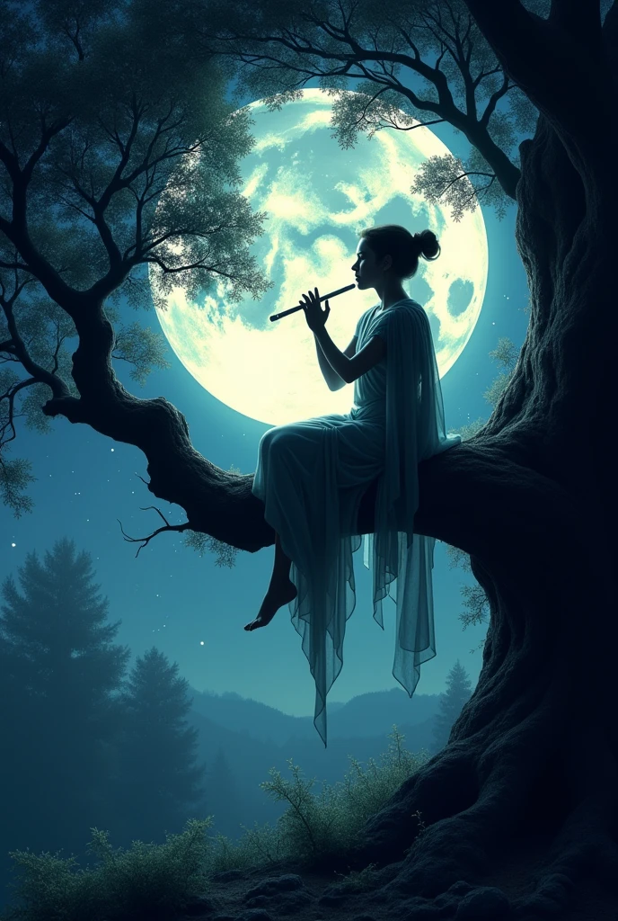 Silhouette of a person sitting on a tree, playing a flute and looking at the moon.