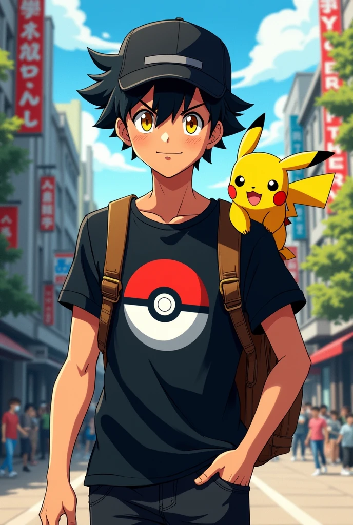 a 15 year old young man, tanned skinned brunette appears with short wavy black hair, falling on his forehead. your eyes are bright yellow intimidating, Wearing a black t-shirt printed with an ultra ball, wears a black hat on one side and black jeans, he carries a backpack, always with crossed arms, while his focused gaze reveals the agile mind of someone always ready to learn more, and on his shoulder sits his loyal friend pikachu. (アニメ)