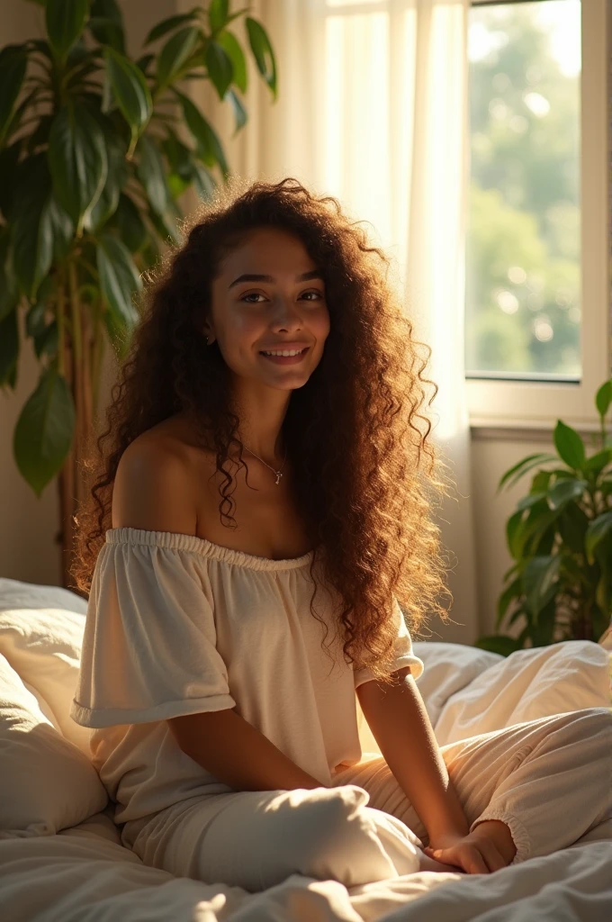 (photorealism:1.2), beautiful woman, sitting on bed, wearing loose off-shoulder top, pajama pants, long curly hair, indoors, soft lighting, plants in background, window with sunlight, cozy room, relaxed pose, realistic, intricate details, warm colors, by Greg Rutkowski, by Alphonse Mucha