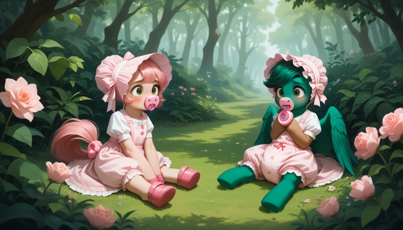pony, Pegasus, adult mare, emerald green fur, a lush mane of green, gathered into an adult size light pink bonnet, a lush tail of green, sitting outside, dressed in a pink bodysuit of adult size and pink booties, pink pacifier in mouth, solo, thick light pink diaper under clothes, pink blush on cheeks, Embarrassment, Awkwardness. 
