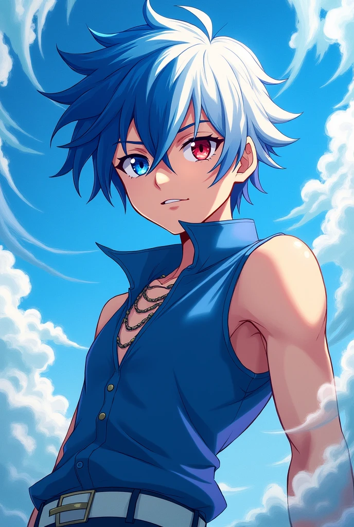 Male, active, blue and white hair, blue vest, blue left eye, red right eye, blue and white theme, 2d, anime