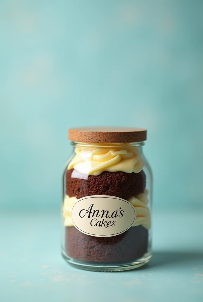 create an image of a realistic and detailed closed jar cake in perspective and with a pastel blue background and the central label written "Anna's cakes"