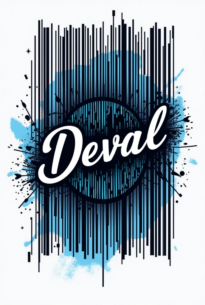 A barcode design of black and blue with the name "Deval" creatively written inside