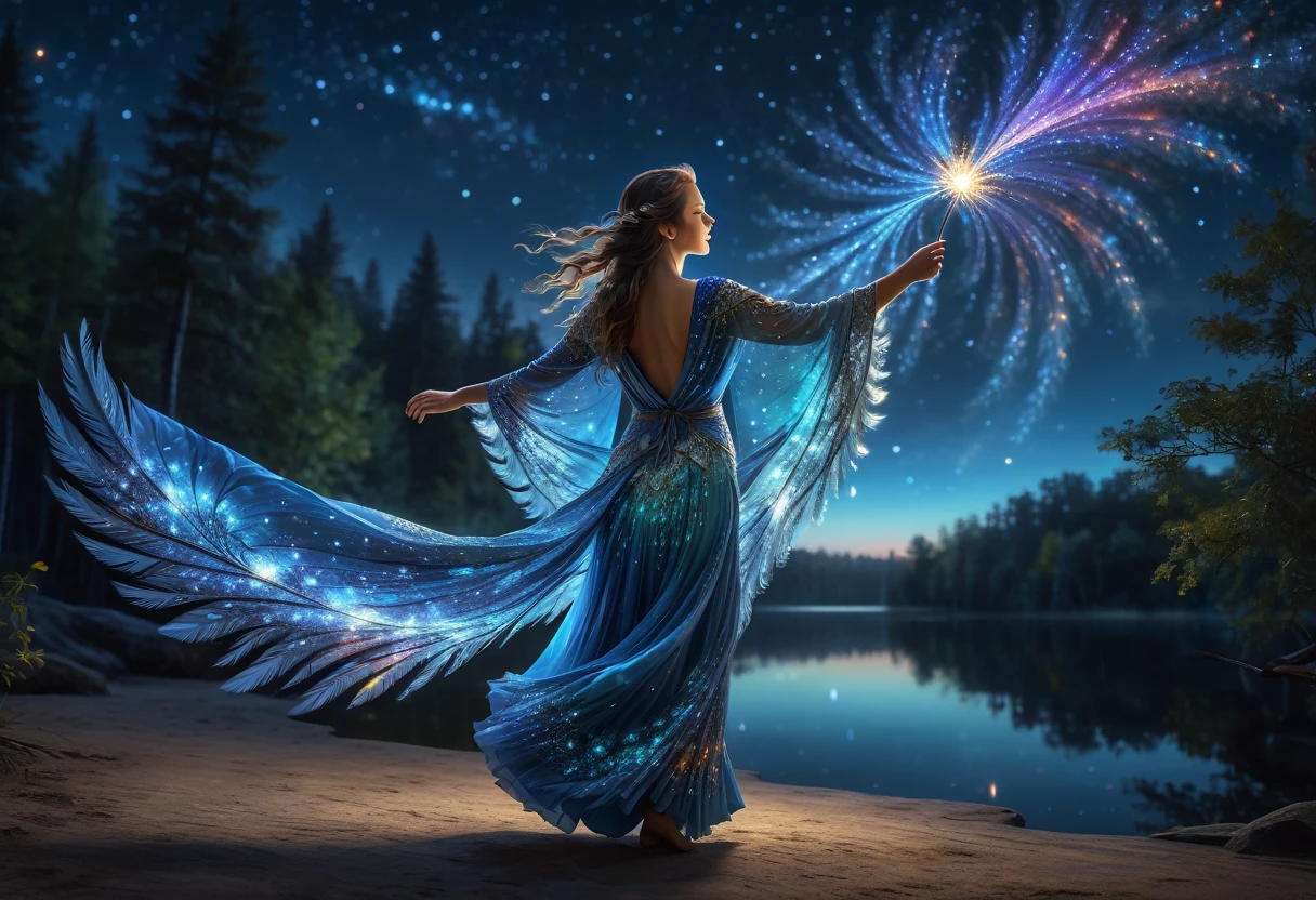 score_9, score_8_upper, score_7_upper,A woman in a beautiful feathered robe is dancing.,night,fantasy forest,night景,Firefly,lake,Crystal Sparkle,(masterpiece, Highest quality, Highest quality, Official Art, beautifull, beautiful:1.2,Ray Tracing),Very detailed,Blue tones,well-proportioned body,Long Hair,Long Shot,milky way,nebula,Starry Sky,shooting star,Very detailed, (Fractal Art:1.3), colorful, Most detailed, High resolution, Magical Patterns, Impressive visuals, (Dynamic Stripes, Light trail:1.2), Vibrant colors ,Detailed Images, Star Wizard