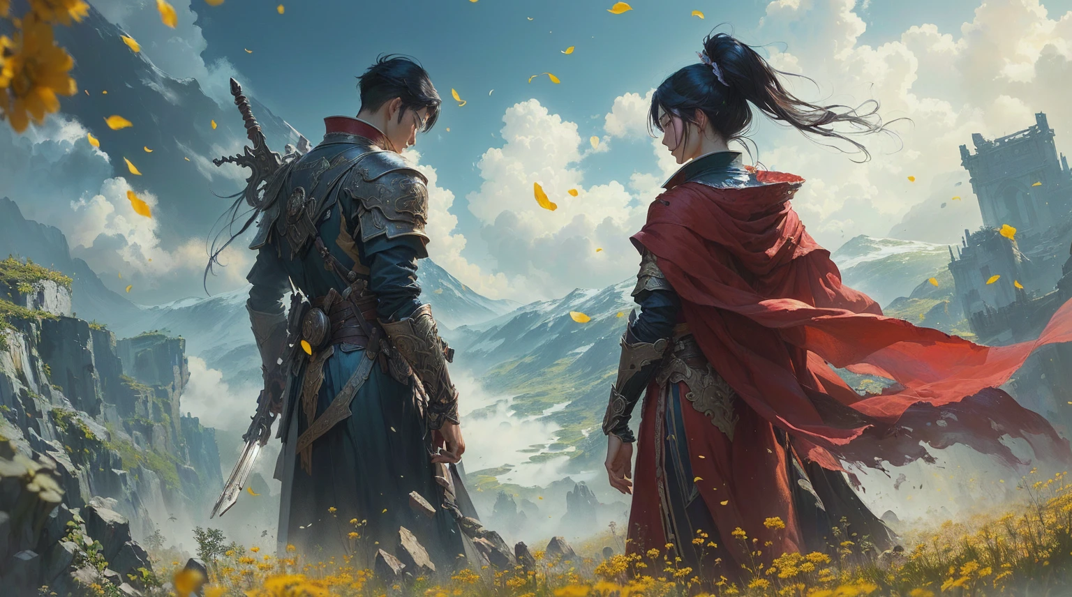 Cartoon scene with two people standing in a field of yellow flowers, marc simonetti 和 sakimicha, Nguyen Chia and Michael Komarck, 4k fantasy art, Edgar Maxence 和 Ross Tran, Ross Tran and Michael Whelan, arte de fantasia 8k, Ross Tran 和 Bayard Wu, Krenz Kushat and Lin Wenjun