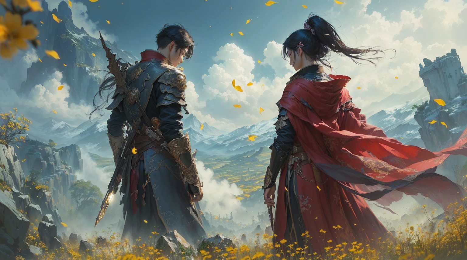 Cartoon scene with two people standing in a field of yellow flowers, marc simonetti 和 sakimicha, Nguyen Chia and Michael Komarck, 4k fantasy art, Edgar Maxence 和 Ross Tran, Ross Tran and Michael Whelan, arte de fantasia 8k, Ross Tran 和 Bayard Wu, Krenz Kushat and Lin Wenjun