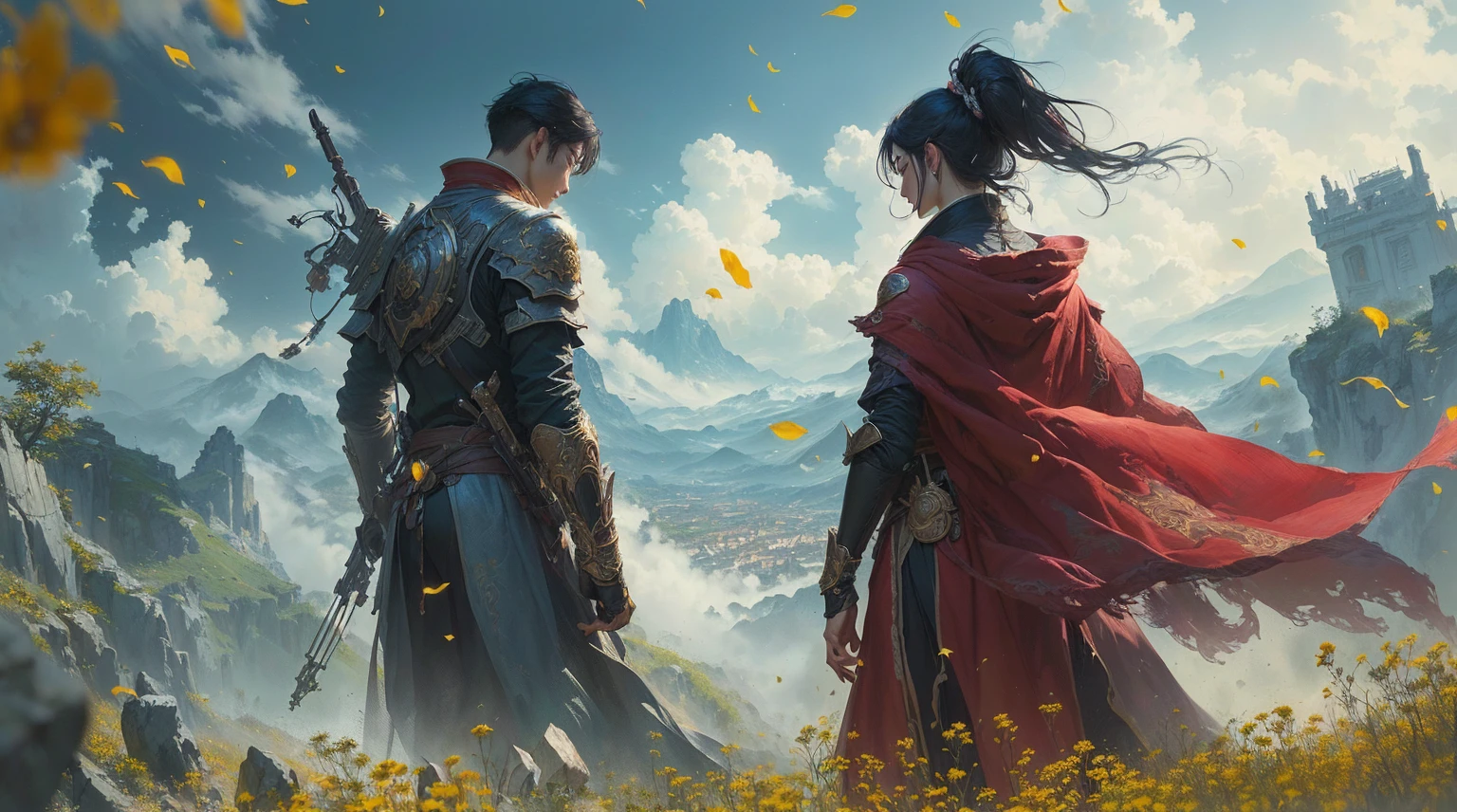 Cartoon scene with two people standing in a field of yellow flowers, marc simonetti 和 sakimicha, Nguyen Chia and Michael Komarck, 4k fantasy art, Edgar Maxence 和 Ross Tran, Ross Tran and Michael Whelan, arte de fantasia 8k, Ross Tran 和 Bayard Wu, Krenz Kushat and Lin Wenjun