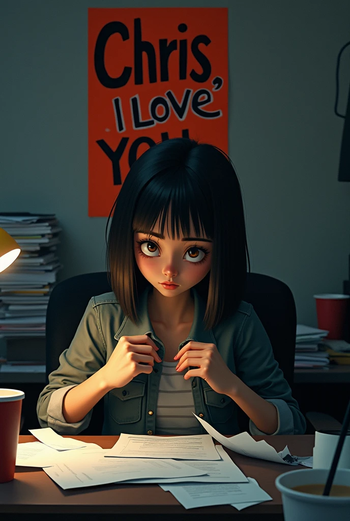 Sad girl yuryunetka with brown eyes at work, She has a name tag with the name Ksenia Sladkaya Krovososo4ka, there is a poster behind her that says Chris , I love you