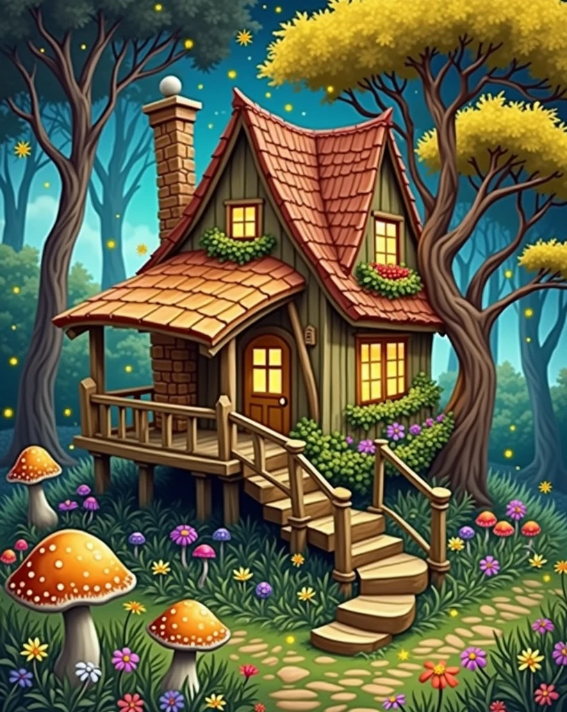 Lovely forest cottage at night,The windows let in warm light,Surrounded by flowers and mushrooms,Fireflies and starry sky