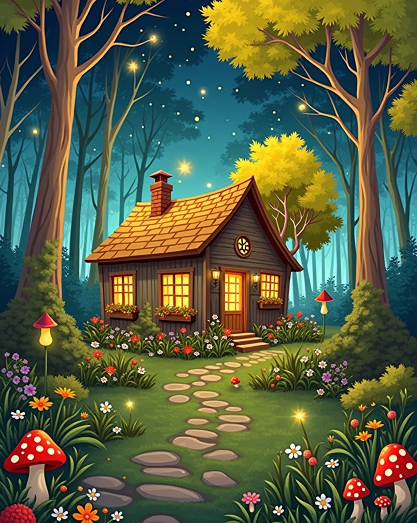 Lovely forest cottage at night，The windows let in warm light，Surrounded by flowers and mushrooms，Fireflies and starry sky