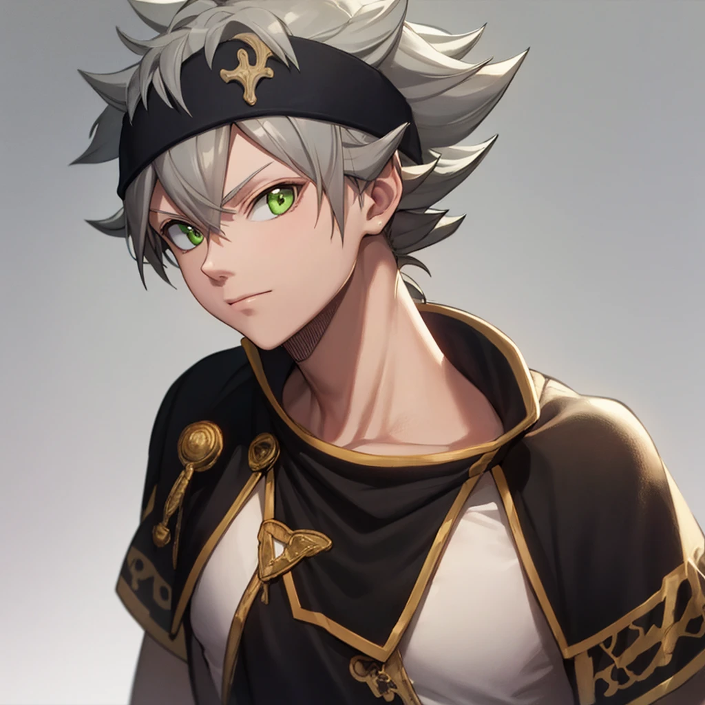 masterpiece, best quality, high quality, 1boy, solo, male focus, looking at viewer, upper body, asta, green eyes, headband, grey hair, spiked hair, Closed clothing