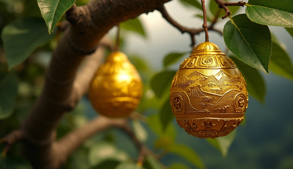 Create a close-up image of a golden fruit hanging from one of the branches of the sturdy tree, with small detailed inscriptions representing different forms of wealth: gold, Lands, trade. Ao fundo, defocused, the storm begins to form, but the fruit remains protected and safe, symbolizing that diversification protects gains against adversity. The leaves around the fruit should be green and vibrant., strengthening tree health and resilience.