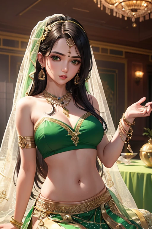 4K, UHD, masterpeice, 1 girl, good face, detailed eyes, detailed lips, very long hair, straight hair, very long hair, beautiful hair, hair ornaments, hairband, gradient hair, ((green lehenga)), ((bridal lehenga)), ((decorated blouse)), sardine, ((ornament lehenga)), ((green lace)), ((diamond bracelet)), ((pendant)), ornaments, necklace, earring, high lighting, ((bare stomach)), ((in the wedding stage)), green color, depth of field, ray tracing, ultra realistic detailed, sitting,
