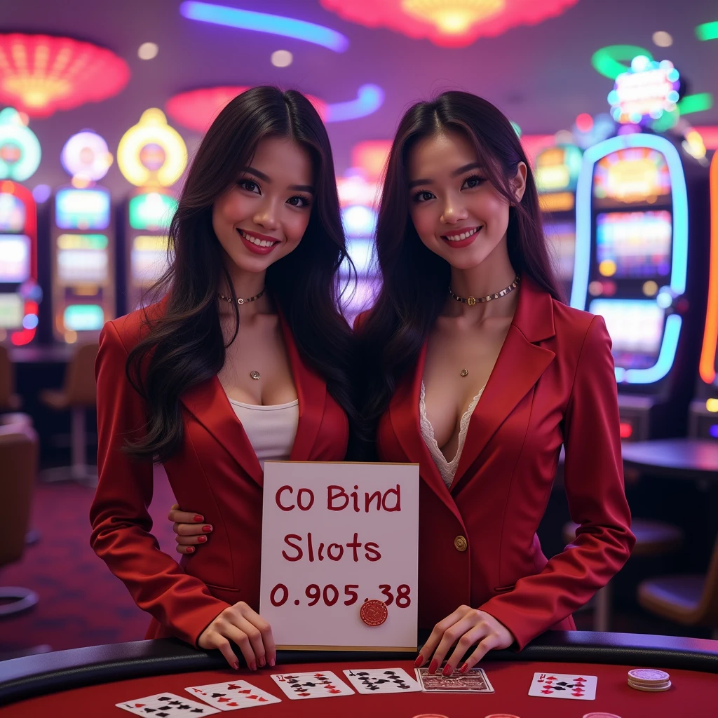 a beautiful elegant two indonesia woman wearing indonesian SMA high school uniform holding up a sign "COBLOS4D SLOT GACOR No1", close up teasing smile, happy, photorealistic, casino background, big breast cleavage, Standing behind poker table between slot machines, Colourfull, Neon Light, realistic cartoon