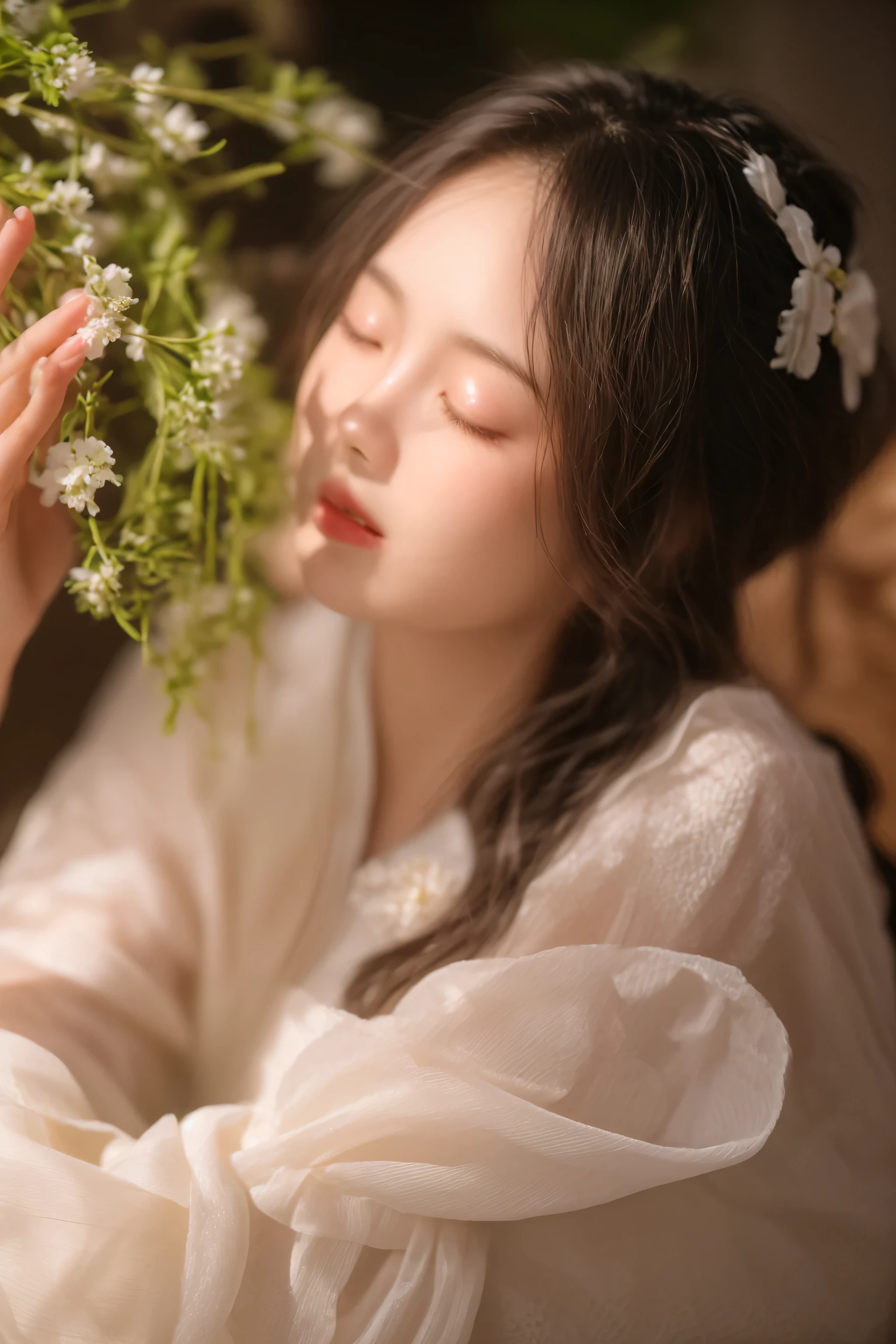 there is a woman holding a bunch of flowers in her hands, ethereal beauty, ethereal and dreamy, dreamy and ethereal, soft ethereal lighting, with ethereal light, delicate soft hazy lighting, very ethereal, white hanfu, palace ， a girl in hanfu, a still of an ethereal, ethereal glow, ethereal!!!!!!!, inspired by Huang Ji, ethereal!!!