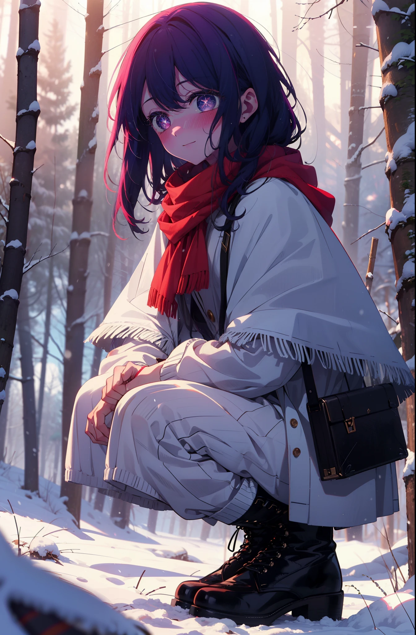 aihoshino, Ai Hoshino, Long Hair, bangs, (Purple eyes:1.1), Purple Hair, (Symbol-shaped pupil:1.5), smile,,smile,blush,white breath,
Open your mouth,snow,Ground bonfire, Outdoor, boots, snowing, From the side, wood, suitcase, Cape, Blurred, , forest, White handbag, nature,  Squat, Mouth closed, Cape, winter, Written boundary depth, Black shoes, red Cape break looking at viewer, Upper Body, whole body, break Outdoor, forest, nature, break (masterpiece:1.2), Highest quality, High resolution, unity 8k wallpaper, (shape:0.8), (Beautiful and beautiful eyes:1.6), Highly detailed face, Perfect lighting, Extremely detailed CG, (Perfect hands, Perfect ???????),