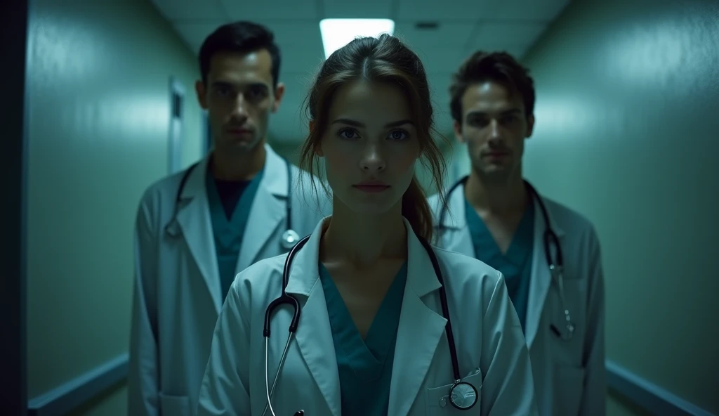 A beautiful 18 year old female doctor stands with a sad expression on her face. A couple of male doctors are standing next to her, smiling at her evilly. There is not much light in the hospital. The picture seems real and cinematic.