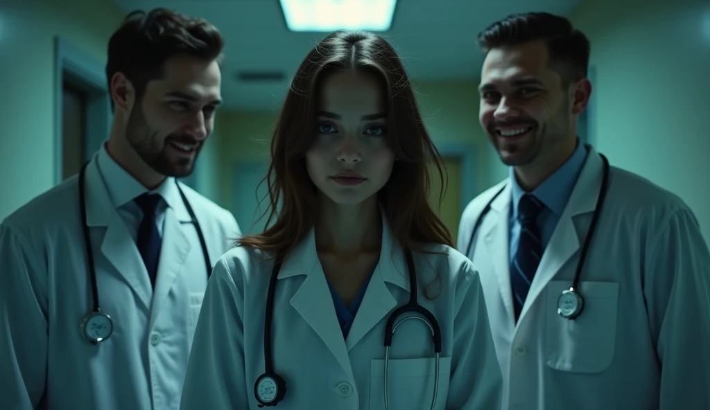 A beautiful 18 year old female doctor stands with a sad expression on her face. A couple of male doctors are standing next to her, smiling at her evilly. There is not much light in the hospital. The picture seems real and cinematic.