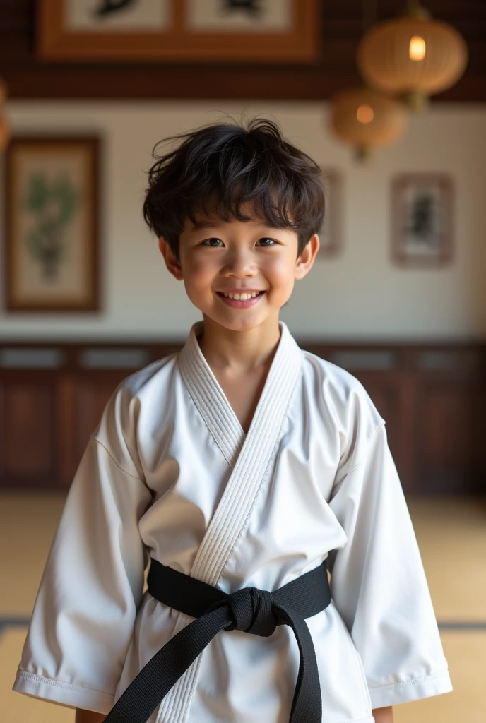 A boy with dark brown wool curly short hair,Age 25,Double eyelid brown eyes,Smiling and sunny,Height 175cm,Wearing Taekwondo clothes