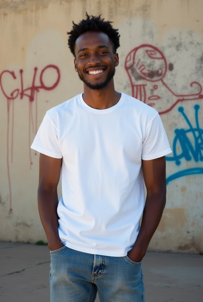 Create a split-image of the same light skinned 21 years old Ethiopian man shown side by side against a messed up wall as a background to illustrate a before and after transformation. In the 'before' image on the left, depict the man as shorter and wearing a plain white T-shirt and jeans. In the 'after' image on the right, show the same man taller, with no change in physique, wearing the same white T-shirt but with casual pants instead. Both images should have the man smiling and looking directly at the camera, with a noticeable difference in height and little difference on presence. The background should be the same for both pictures and minimalist with natural lighting, highlighting the transformation. Make the picture realistic