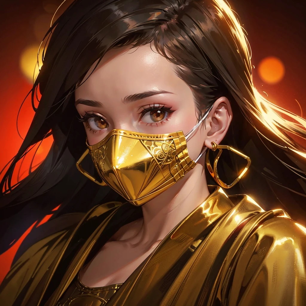 close-up shot of 1girl, wearing a mask, golden earrings, red background, bokeh, intricate details, hyper-realistic, cinematic lighting, masterpiece, award winner.
