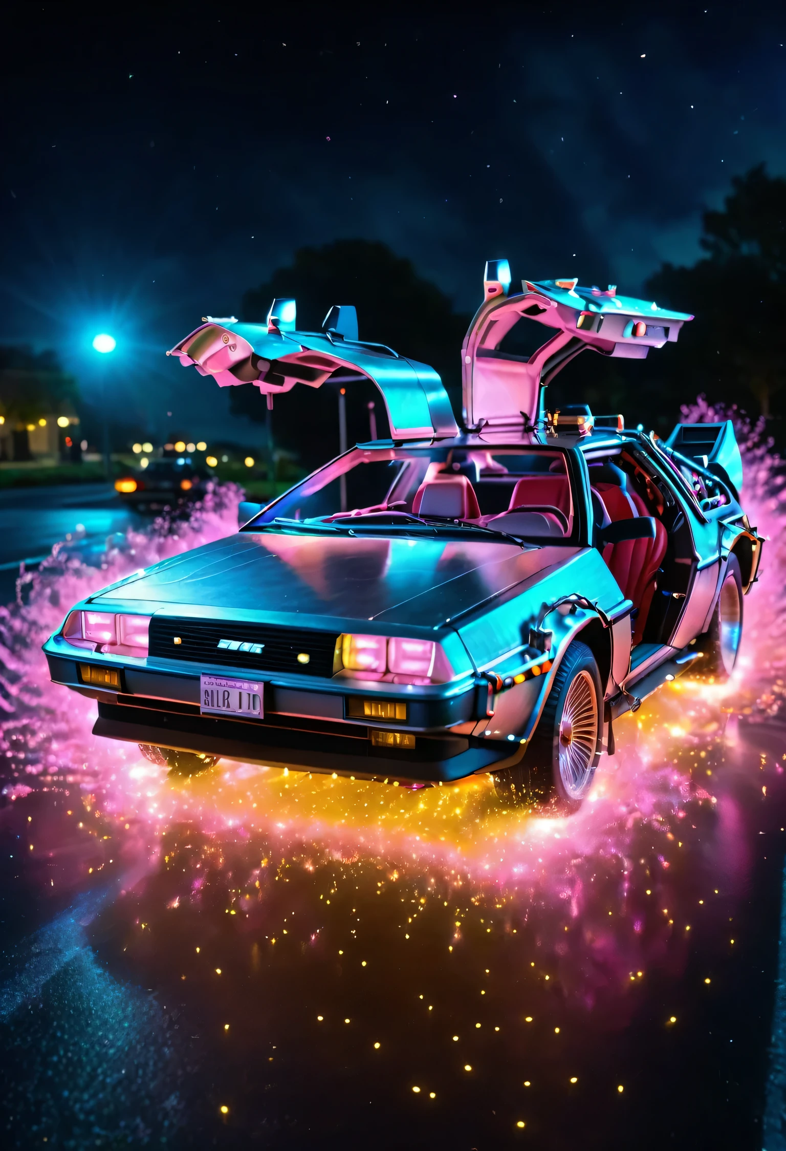 back to the future part2,timemachine,delorian,very fine details,Shiny body,((float:1.8)),neon,Very fine LED particles,A body covered in light particles,Concentrated line,radiation,8K,RAW Photos,Highest quality,masterpiece,reality,Very detailed,bfdlrn,thunder,dazzling,