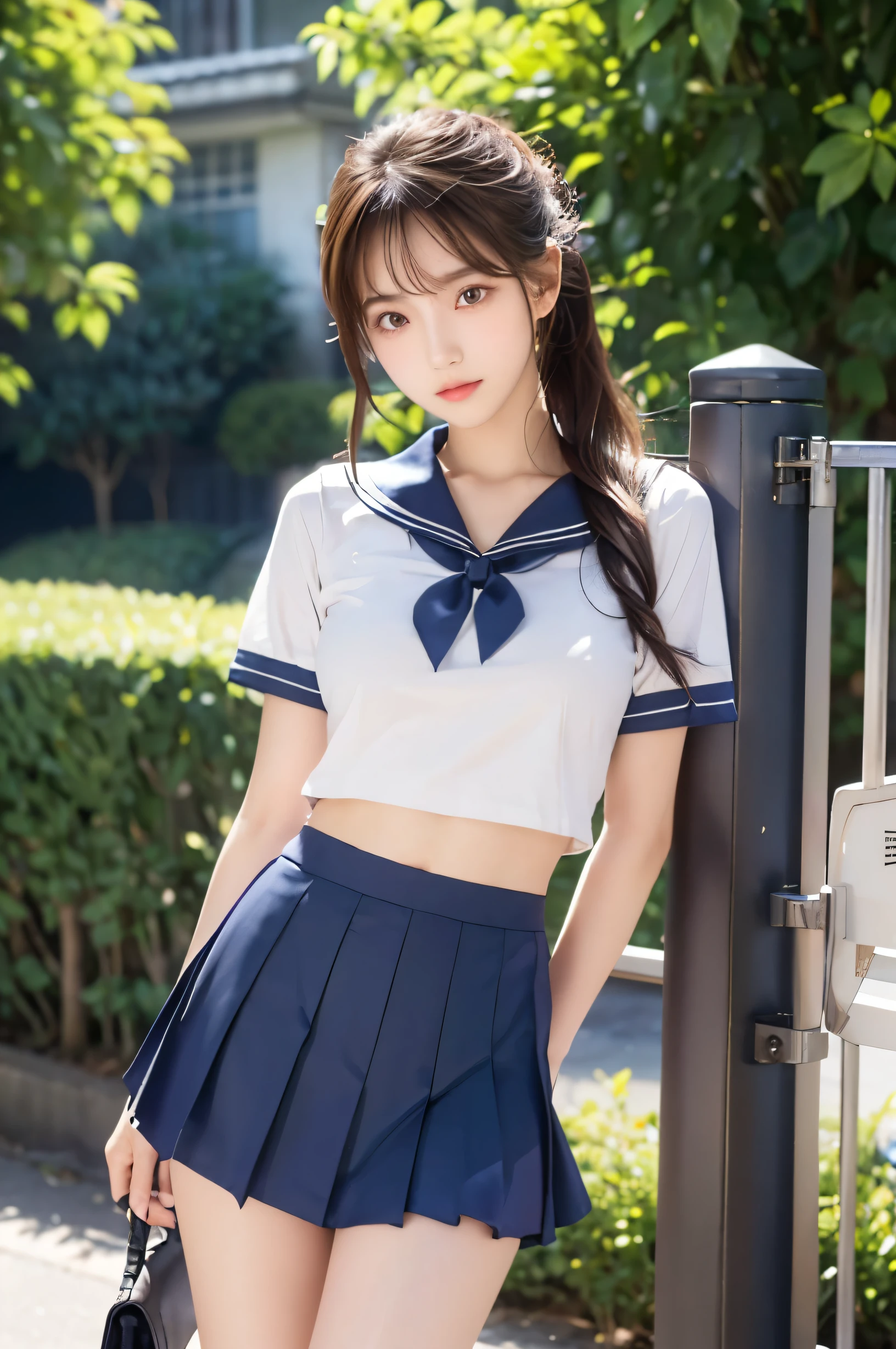 (Ultra HD), (Looking at me), (The whole body is shown), (Short-sleeved sailor uniform, Navy blue mini skirt), Big Breasts, slender, Narrow waist, (I can see my belly button:0.8), (Thin legs:1.2), (Thin thighs:1.2), (Thin Hips:1.4), (Beautiful Skin, Shiny skin, White skin), (Super slim face, Super beautiful face, No makeup), (ponytail, Layered Cut, Fluffy hair), (double eyelid, Slanted Eyes), Small Nose, Thin lips, Are standing, In front of the school gate