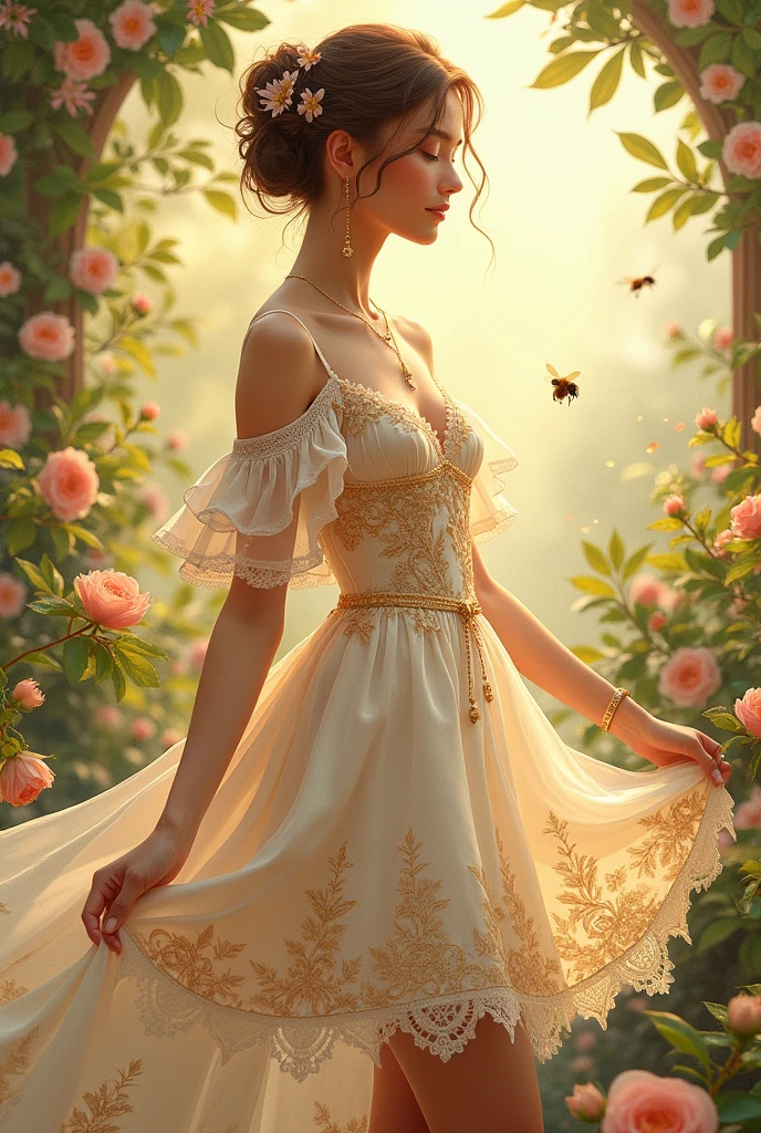 Create an illustration set inspired by perfume and featuring a model in a Victorian, Renaissance, or fairy tale style. Design a short dress that is both elegant and functional, with a connection between bees and the perfume