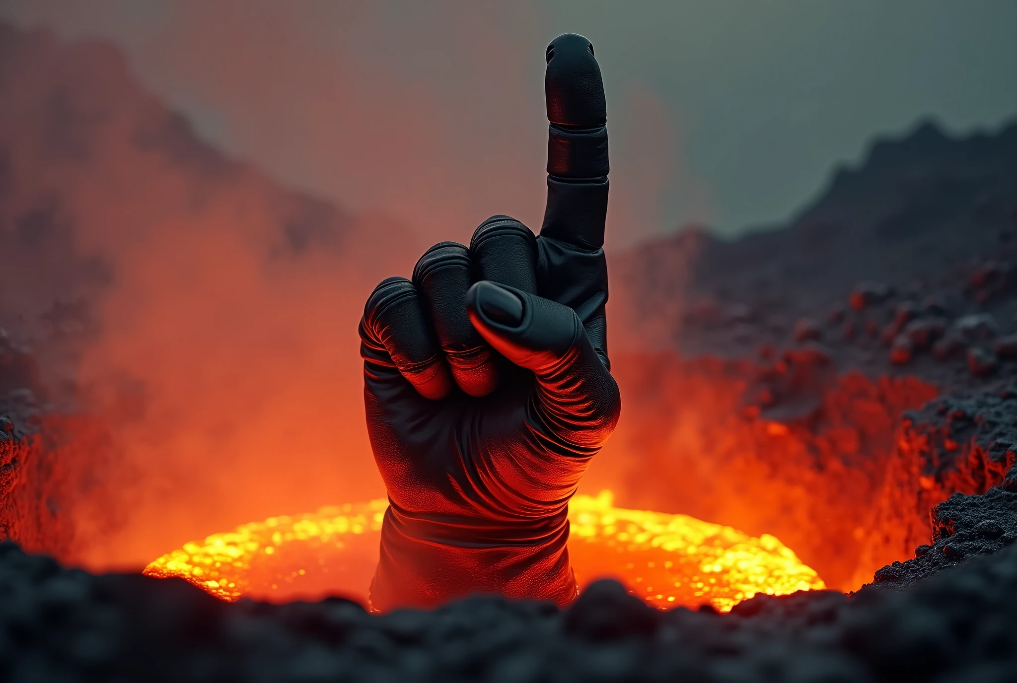 Terminator\(movie\) wearing black leather glove giving a middle finger up, only his hand sticking out from under the red hot magma pool, everywhere red by the heat, a scene from the movie, very famous scene, the climax of the movie, close-up image of the hand, [Entire scene is surrounded by mist, evoking a mysterious and eerie atmosphere. The lighting is dark and atmospheric, foggy smoke, smoke adds a touch of sinister ambiance. (warm hue, warm tone), high details, natural reflections]