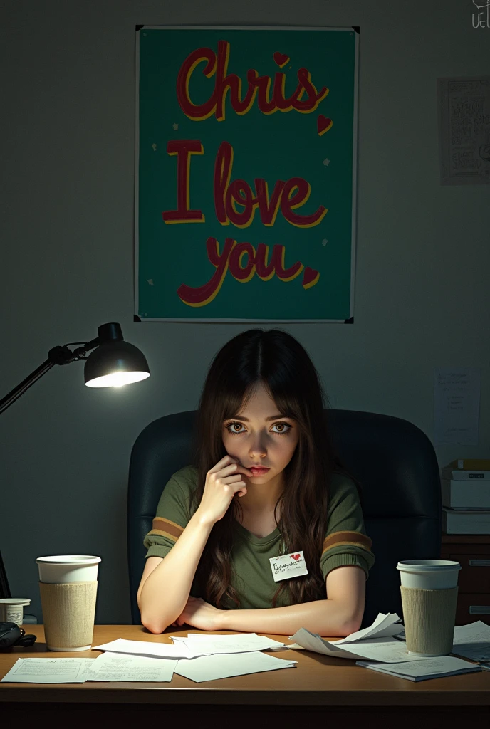 Sad girl yuryunetka with brown eyes at work, She has a name tag with the name Ksenia Sladkaya Krovososo4ka, there is a poster behind her that says Chris , I love you