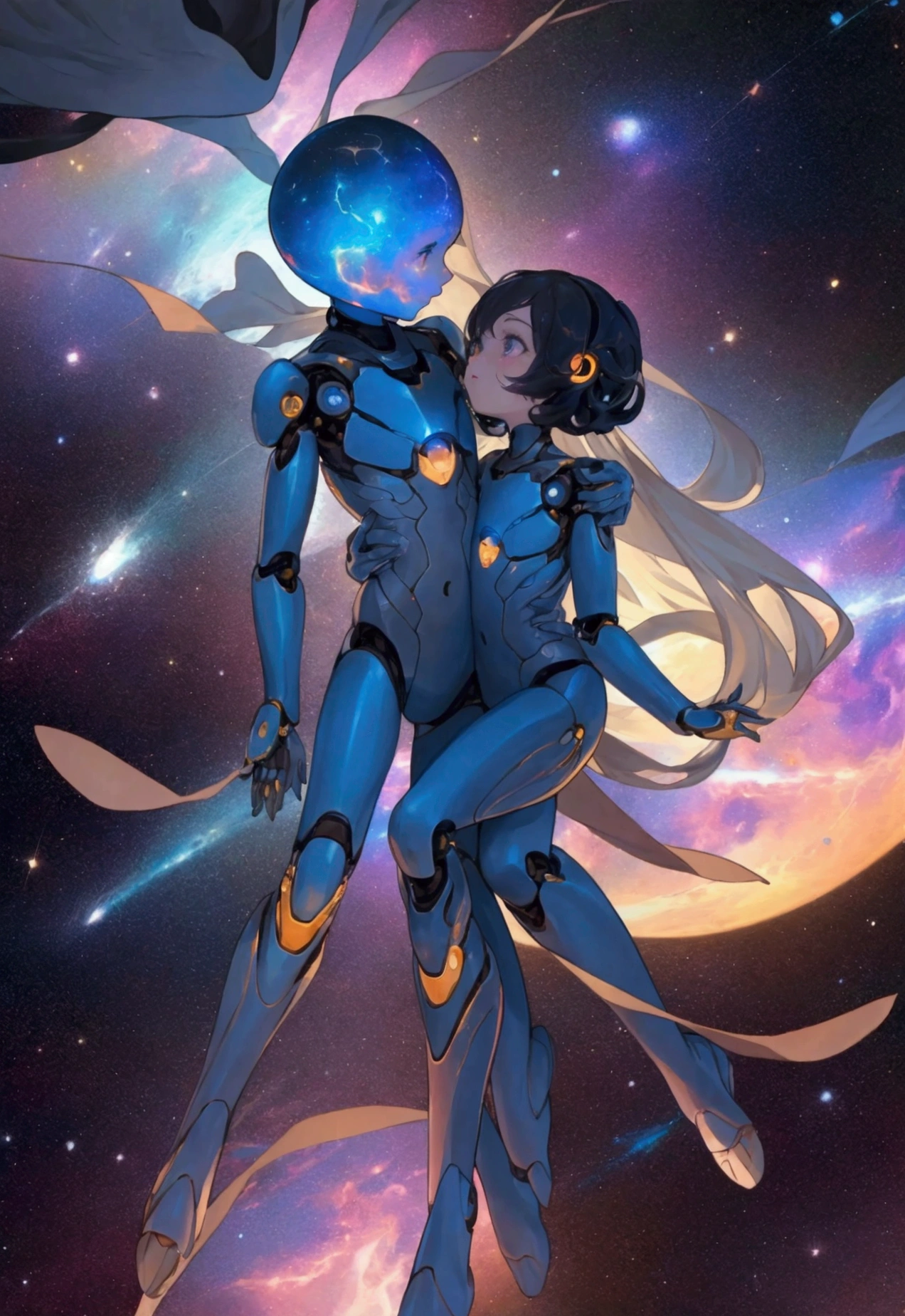 Create an image of a vast, star-filled cosmos where two figures, one human and the other a humanoid with subtle mechanical features, float together in the weightlessness of space. They are holding hands, surrounded by a nebula of vibrant, swirling colors. The Earth is visible as a small blue dot in the background, while the human looks into the humanoid's eyes with a mixture of awe and love. The humanoid’s expression reflects a gentle, almost human-like warmth. The scene captures a moment of profound connection, blending the mystery of the universe with the intimacy of their bond.