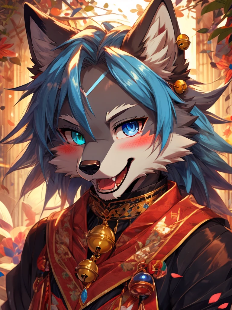 Blushing, Smile, Blue Eyes, high resolution, Anatomically correct, 最佳quality, HD model, High Detail, quality, 高quality, Wolf ears, Smile, Tongue, Lips slightly open, Heterochromia, Fangs,Seven-point lens, Bell, Anime style, Lips slightly open, 