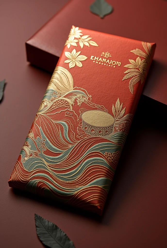 Design a chocolate packaging inspired by Marou Chocolate's style. The packaging should feature traditional Vietnamese cultural elements, such as wave patterns, Dong Son drum motifs, and cacao leaves. Use a mix of elegant gold ink on handmade-style paper with intricate details. The color palette should represent different regions of Vietnam, with each package having its distinct hue to signify the cacao's origin. Ensure the design evokes both sophistication and the artisanal craftsmanship of high-quality, single-origin chocolate, staying true to the essence of Vietnamese culture.
