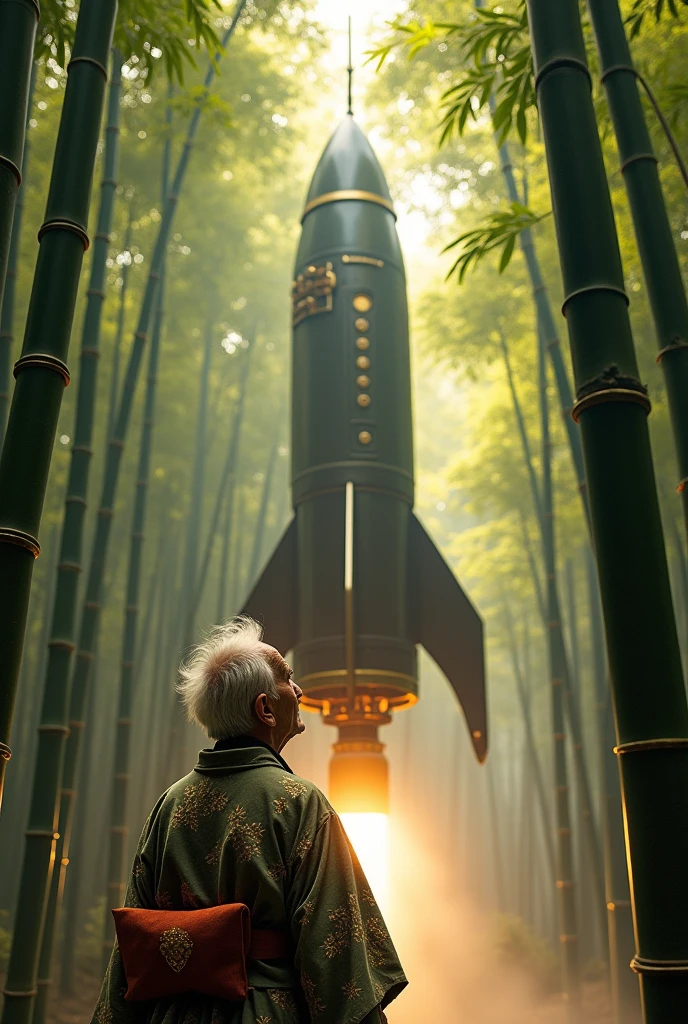 Couple､ Old man and woman、 An elderly Japanese man from the Heian period looks up and worships a gigantic steampunk style rocket in a bamboo grove、