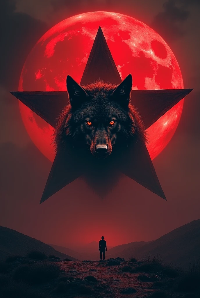 An redish black moon background, a pentagonal star and a realestic devil wolf face in middle of the star realestic low graphics