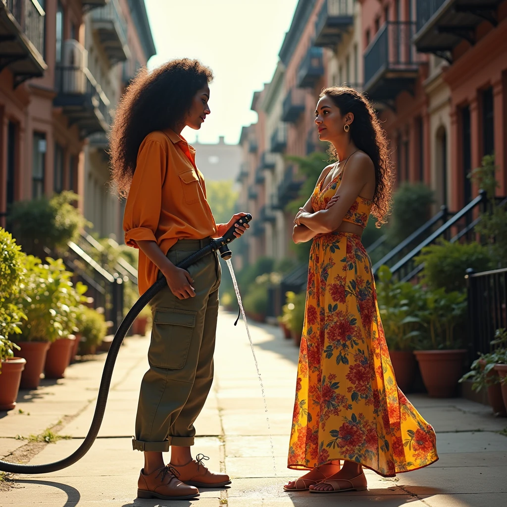Latin lady in non-sexy clothes, holding a hose connected to water the sidewalk and another Latin lady in a long dress is standing next to her with her arms crossed and an angry expression, disapproving of water waste.