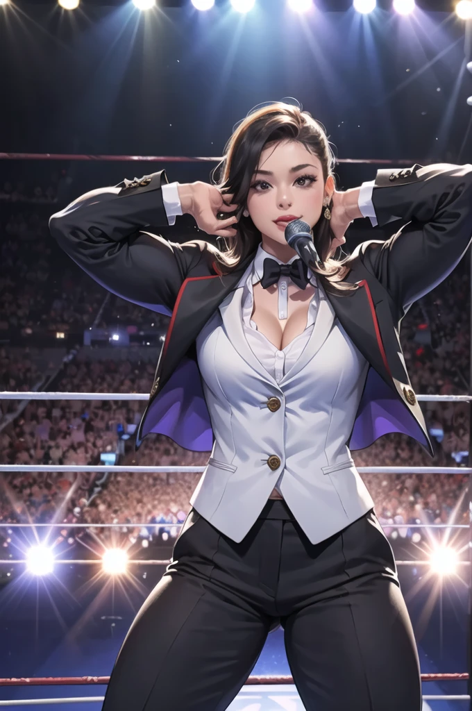 WWE on the wrestling ring, (Many viewers:1.3) , (A female presenter wearing a suit, holding a microphone on stage.:1.3)